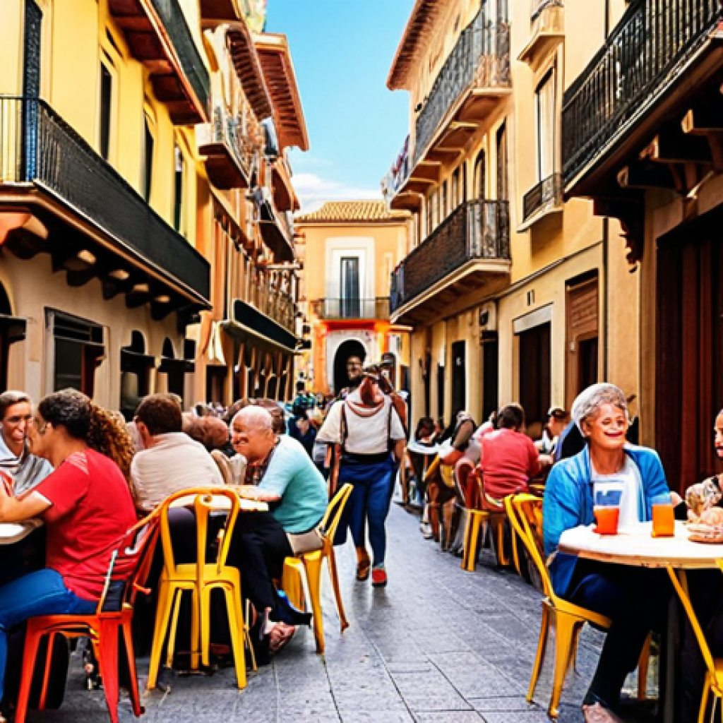 **

A vibrant street scene in a bustling Spanish city. People are chatting, laughing, and *'están trabajando'* (are working) at outdoor cafes. The atmosphere is lively and energetic, capturing the feeling of being in the moment. Focus on warm, inviting colors.

**