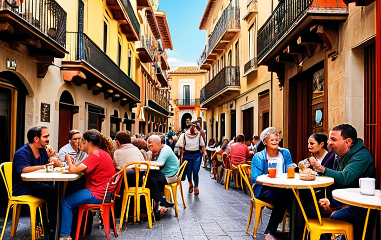 **

A vibrant street scene in a bustling Spanish city. People are chatting, laughing, and *'están trabajando'* (are working) at outdoor cafes. The atmosphere is lively and energetic, capturing the feeling of being in the moment. Focus on warm, inviting colors.

**