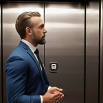 **

A person confidently delivering an elevator pitch to a CEO in a modern elevator. Focus on positive body language and a professional setting. The CEO should look engaged and interested.

**
