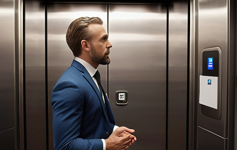 **
A person confidently delivering an elevator pitch to a CEO in a modern elevator. Focus on positive body language and a professional setting. The CEO should look engaged and interested.
**