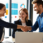 **

A diverse group of business professionals from different countries are smiling and shaking hands at a modern, sunlit office. Some are looking at laptops displaying charts. Emphasize international collaboration, perhaps with subtle national flags in the background. The scene should convey success and ease of communication thanks to English as a common language. The overall style is bright, optimistic, and corporate.

**