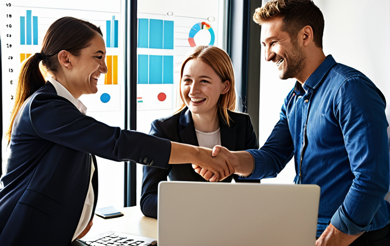 **
A diverse group of business professionals from different countries are smiling and shaking hands at a modern, sunlit office. Some are looking at laptops displaying charts. Emphasize international collaboration, perhaps with subtle national flags in the background. The scene should convey success and ease of communication thanks to English as a common language. The overall style is bright, optimistic, and corporate.
**