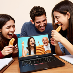 **Image of people laughing and watching "Friends" on a laptop, surrounded by Spanish snacks (like *churros* and *chocolate*) and notebooks filled with English phrases. The scene should be cozy and inviting, like a casual study session at home.** (This visualizes learning English in a fun, relaxed way with a popular series.)
