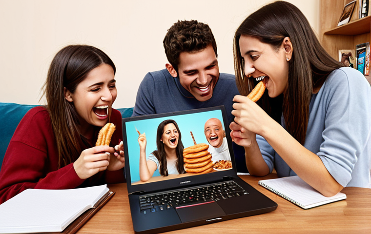 **Image of people laughing and watching "Friends" on a laptop, surrounded by Spanish snacks (like *churros* and *chocolate*) and notebooks filled with English phrases. The scene should be cozy and inviting, like a casual study session at home.** (This visualizes learning English in a fun, relaxed way with a popular series.)