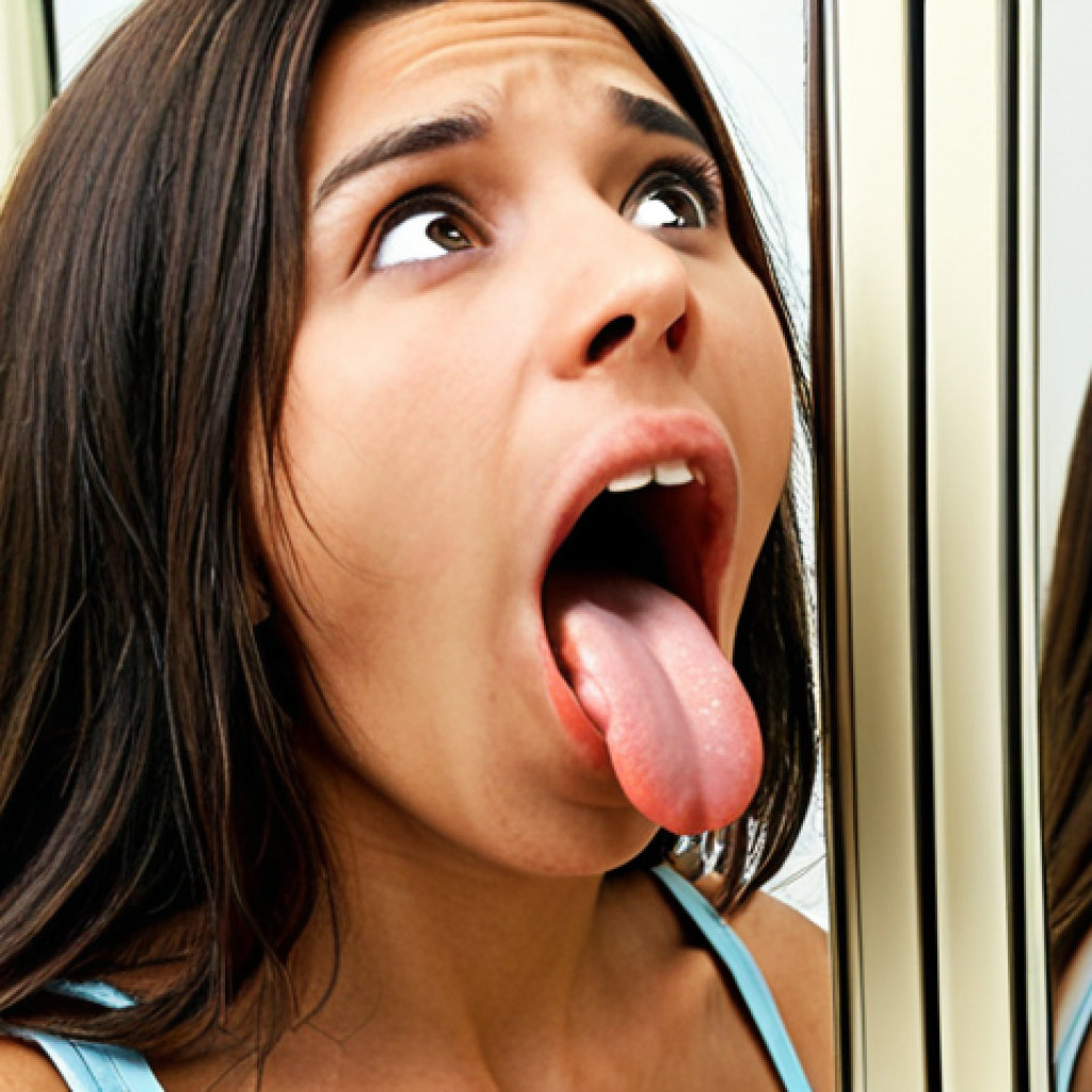 **A person practicing English "th" sound in front of a mirror, sticking their tongue out slightly. Maybe make it a bit humorous - like they are making a funny face.** (Focus: The "th" sound and overcoming initial awkwardness)