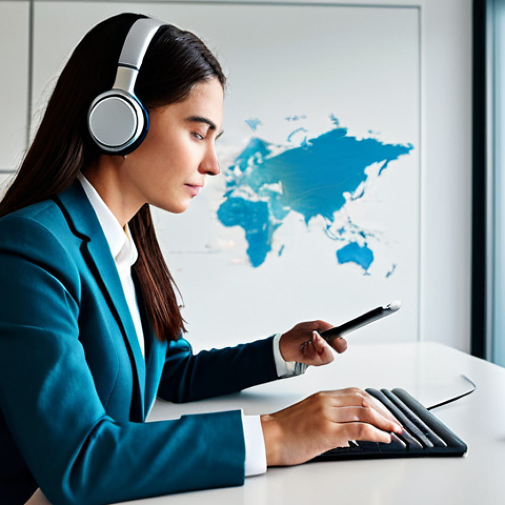 A professional linguist in a modest business suit, fully clothed, thoughtfully listening to audio through high-quality headphones. She is seated at a sleek, minimalist desk in a quiet, modern study with a subtle world map on the wall. The desk features open books and a tablet displaying abstract sound wave patterns representing linguistic diversity. The scene is illuminated by natural, soft daylight from a large window. This image embodies professional photography, high resolution, vibrant colors, and sharp focus, ensuring safe for work, appropriate content, perfect anatomy, correct proportions, natural pose, well-formed hands, proper finger count, and natural body proportions.