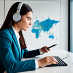 A professional linguist in a modest business suit, fully clothed, thoughtfully listening to audio through high-quality headphones. She is seated at a sleek, minimalist desk in a quiet, modern study with a subtle world map on the wall. The desk features open books and a tablet displaying abstract sound wave patterns representing linguistic diversity. The scene is illuminated by natural, soft daylight from a large window. This image embodies professional photography, high resolution, vibrant colors, and sharp focus, ensuring safe for work, appropriate content, perfect anatomy, correct proportions, natural pose, well-formed hands, proper finger count, and natural body proportions.