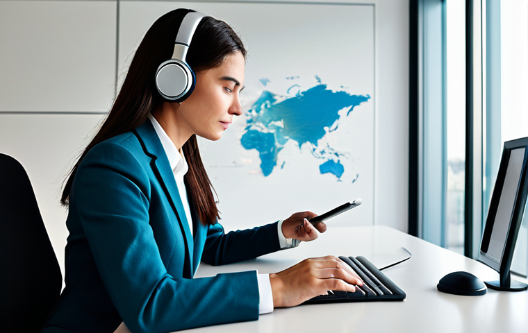 A professional linguist in a modest business suit, fully clothed, thoughtfully listening to audio through high-quality headphones. She is seated at a sleek, minimalist desk in a quiet, modern study with a subtle world map on the wall. The desk features open books and a tablet displaying abstract sound wave patterns representing linguistic diversity. The scene is illuminated by natural, soft daylight from a large window. This image embodies professional photography, high resolution, vibrant colors, and sharp focus, ensuring safe for work, appropriate content, perfect anatomy, correct proportions, natural pose, well-formed hands, proper finger count, and natural body proportions.