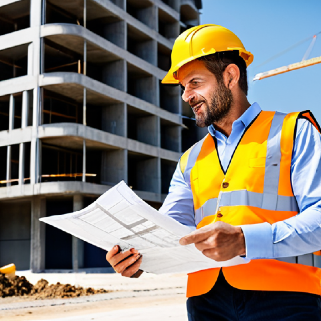 **

"A professional architect, fully clothed in a stylish yet modest outfit suitable for a construction site visit (think durable pants, a button-down shirt, and a safety vest), holding a blueprint and pointing towards a modern building under construction in Barcelona, Spain. Bright daylight, focus on the architect's confident expression, perfect anatomy, correct proportions, well-formed hands, proper finger count, natural pose. Safe for work, appropriate content, professional, family-friendly."

**