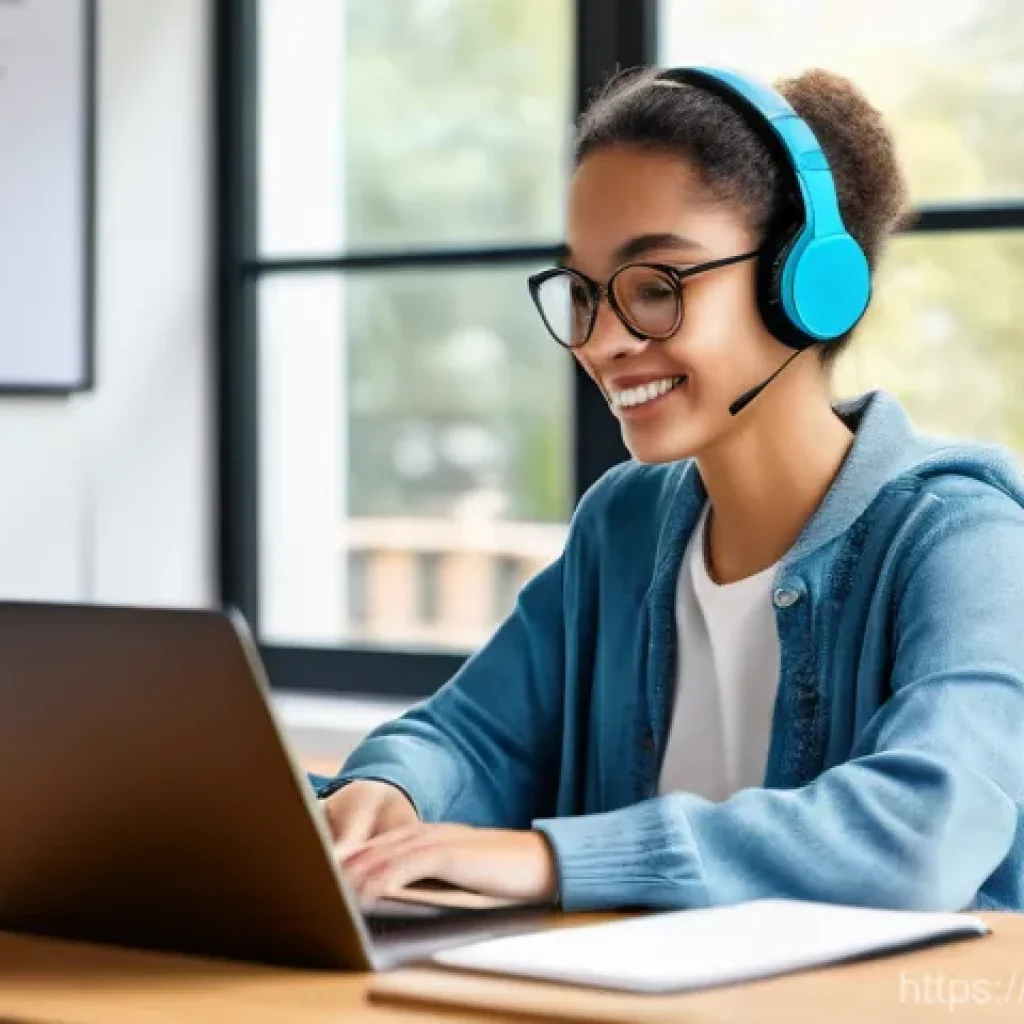 온라인 영어 수업 활용법 - A bright and engaging illustration of a young adult, possibly a woman in her mid-20s, actively parti...