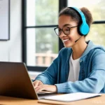 온라인 영어 수업 활용법 - A bright and engaging illustration of a young adult, possibly a woman in her mid-20s, actively parti...