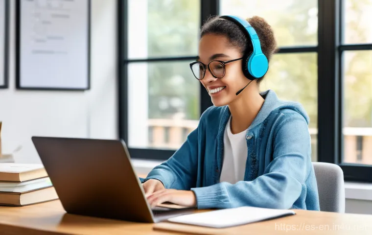 온라인 영어 수업 활용법 - A bright and engaging illustration of a young adult, possibly a woman in her mid-20s, actively parti...