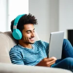 영어 회화 잘하는 방법 - **Prompt 1: Digital Language Immersion at Home**
    A young adult (20s, gender-neutral) sits comfor...