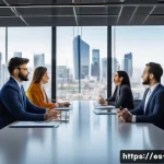 비즈니스 영어 필수 단어 - A modern international business meeting scene with diverse professionals from Spain, Latin America, ...