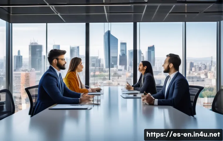 비즈니스 영어 필수 단어 - A modern international business meeting scene with diverse professionals from Spain, Latin America, ...