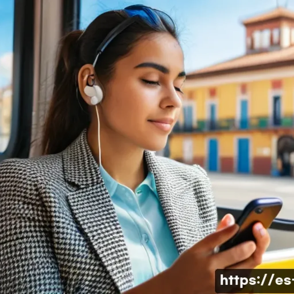 영어 학습 도구 - A young Hispanic woman sitting comfortably on a city bus in Spain, using a smartphone app to practic...