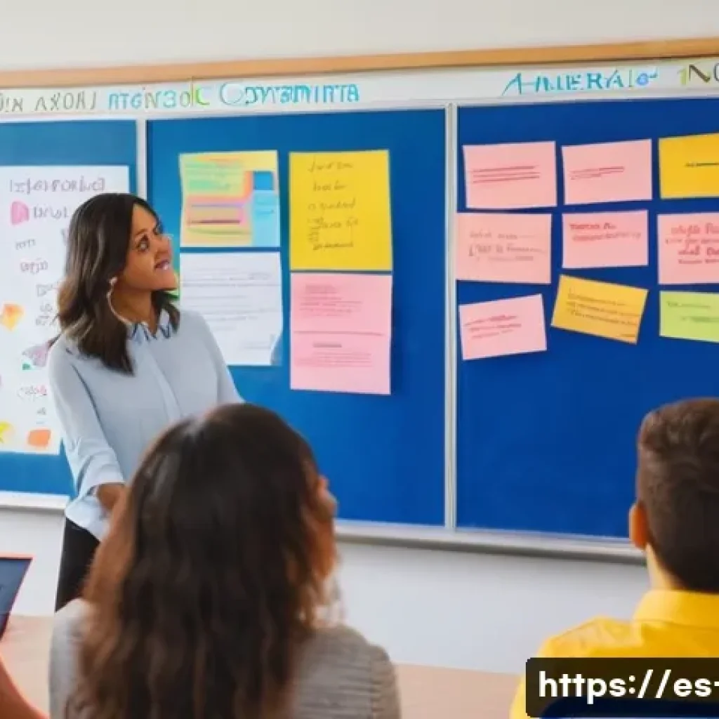 영어 문법 오류 피하는 법 - A vibrant classroom scene showing a diverse group of adult Spanish-speaking students attentively lea...