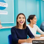 영어 발음 - A diverse group of Spanish-speaking adults sitting in a bright, modern language classroom practicing...