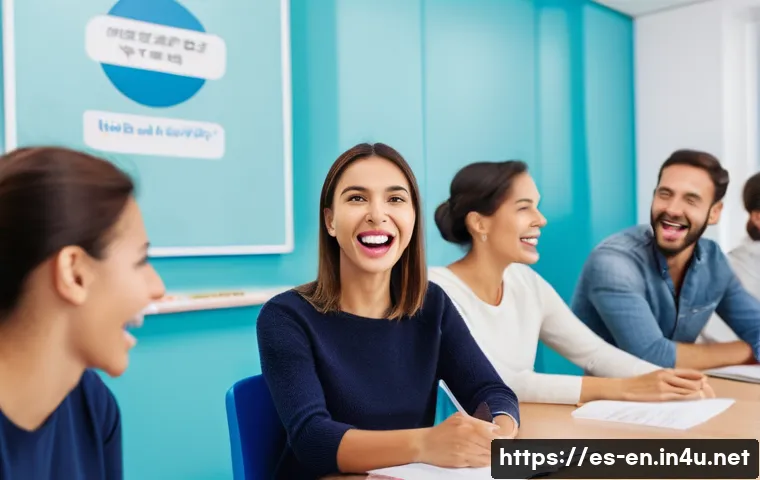 영어 발음 - A diverse group of Spanish-speaking adults sitting in a bright, modern language classroom practicing...