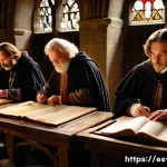 현대 영어의 확립 - A detailed medieval scriptorium scene showing scribes in a dimly lit stone chamber, surrounded by an...