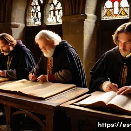 현대 영어의 확립 - A detailed medieval scriptorium scene showing scribes in a dimly lit stone chamber, surrounded by an...