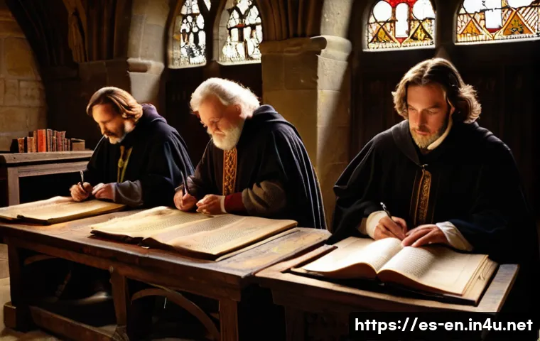 현대 영어의 확립 - A detailed medieval scriptorium scene showing scribes in a dimly lit stone chamber, surrounded by an...