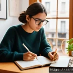 영어 공부의 흔한 실수 - A focused young adult Spanish woman studying English at a cozy modern desk in a bright room, surroun...
