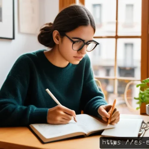 영어 공부의 흔한 실수 - A focused young adult Spanish woman studying English at a cozy modern desk in a bright room, surroun...