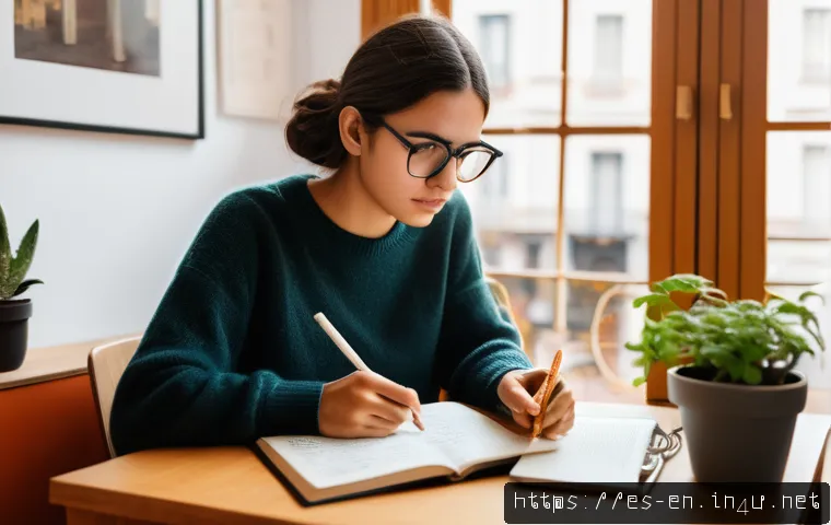 영어 공부의 흔한 실수 - A focused young adult Spanish woman studying English at a cozy modern desk in a bright room, surroun...