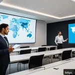 비즈니스 영어 시험 종류 - A modern corporate training room in a multinational company located in a Spanish-speaking country, f...