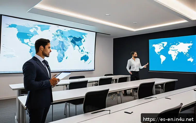 비즈니스 영어 시험 종류 - A modern corporate training room in a multinational company located in a Spanish-speaking country, f...